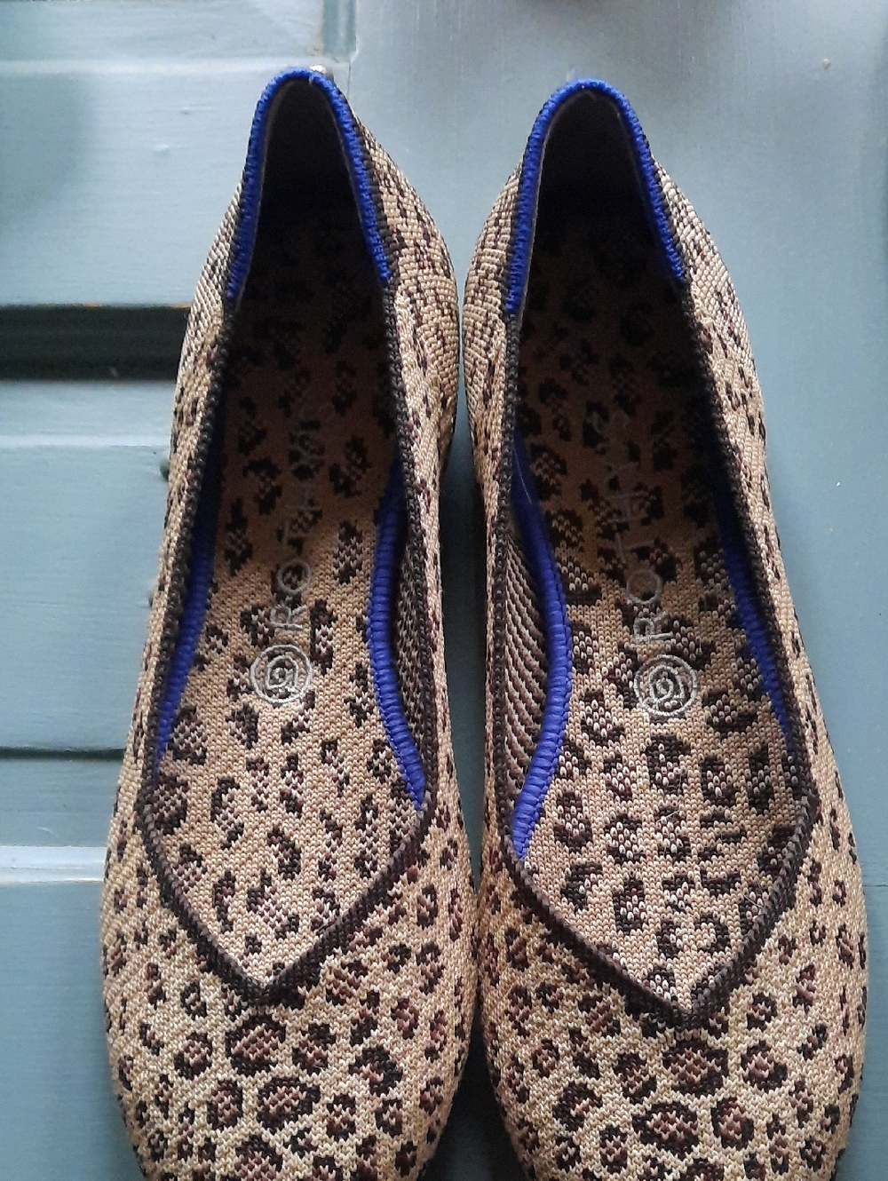 Rothy's Leopard Knit Ballet Flats with Blue Trim 9